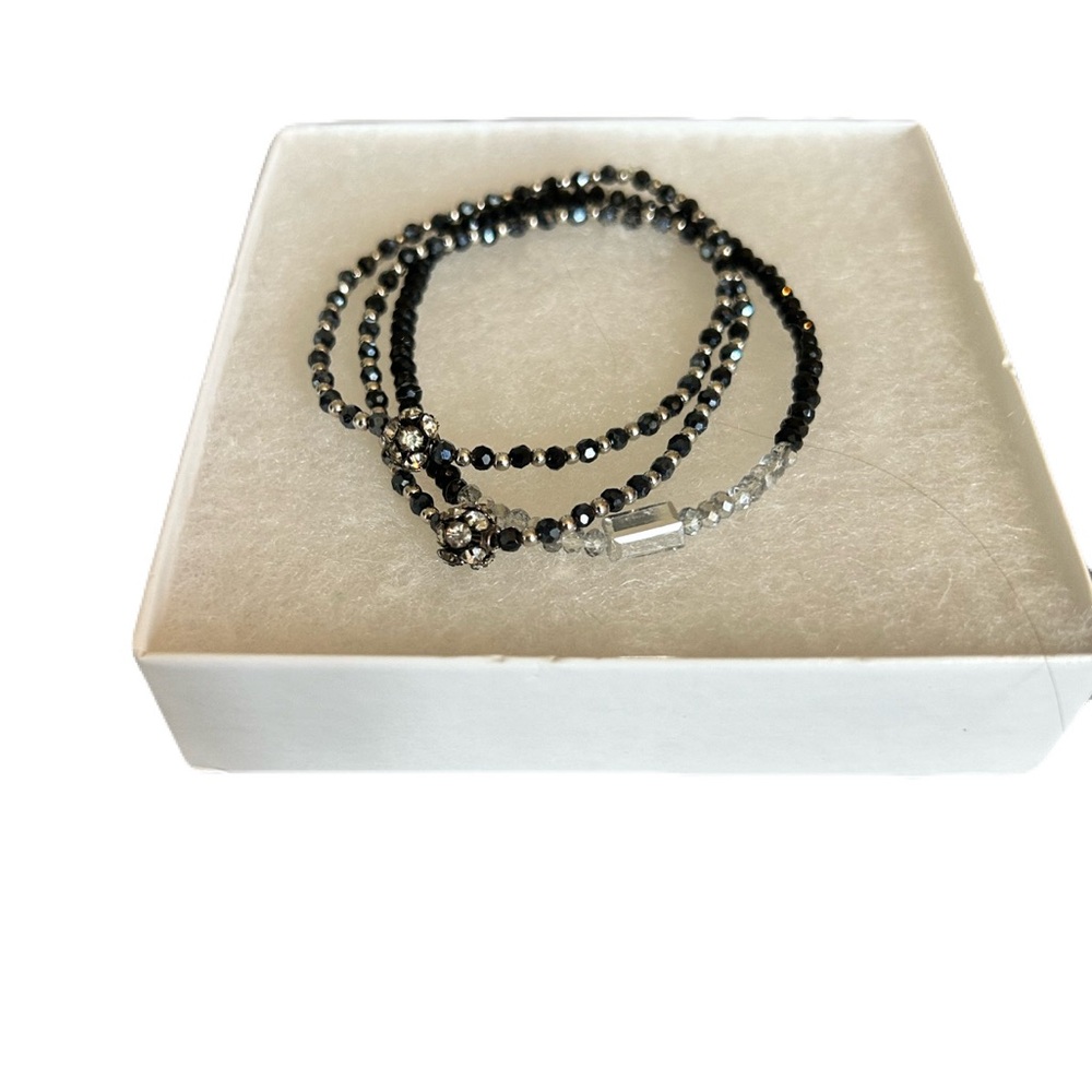 3 Elegant Black Beaded Crystal Bracelets with Silver Accents